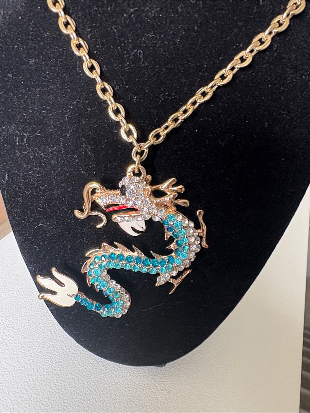 Gold-Tone Dragon Pendant Necklace with Turquoise Crystals - Women Jewelry